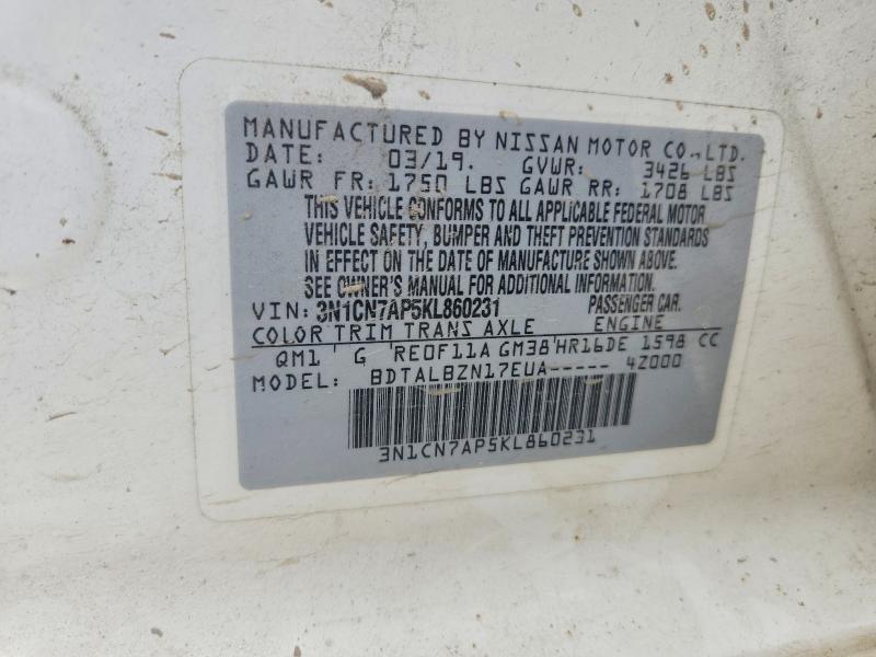 Продажа на аукционе авто 2019 Nissan Versa, vin: 3N1CN7AP5KL860231, номер лота: 54698856