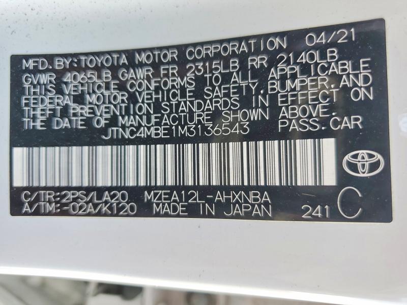 2021 Toyota Corolla მანქანა იყიდება აუქციონზე, vin: JTNC4MBE1M3136543, აუქციონის ნომერი: 54023136