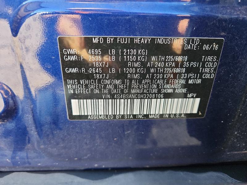 Aukcja sprzedaży 2017 Subaru Outback, vin: 4S4BSANC0H3208106, numer aukcji: 52238286