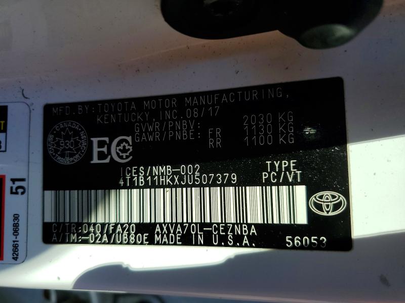 Aukcja sprzedaży 2018 Toyota Camry, vin: 4T1B11HKXJU507379, numer aukcji: 51582026
