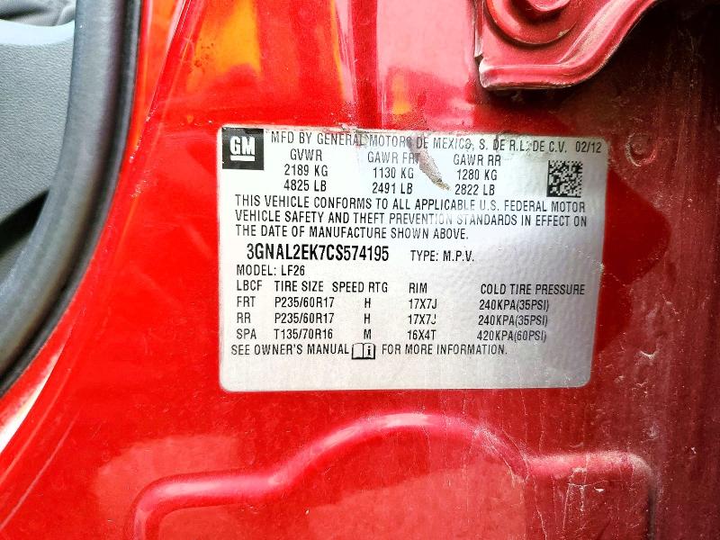 2012 Chevrolet Captiva მანქანა იყიდება აუქციონზე, vin: 3GNAL2EK7CS574195, აუქციონის ნომერი: 53626576