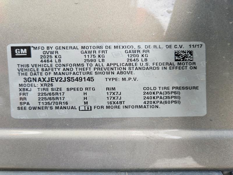 Продаж на аукціоні авто 2018 Chevrolet Equinox, vin: 3GNAXJEV2JS549145, номер лоту: 55119766