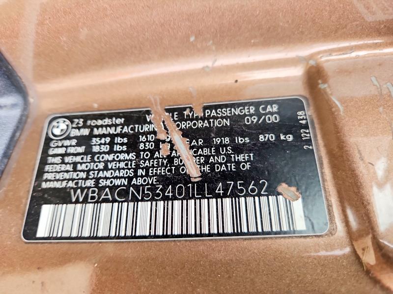 2001 Bmw Z3 მანქანა იყიდება აუქციონზე, vin: WBACN53401LL47562, აუქციონის ნომერი: 54773806