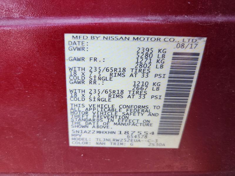 2017 Nissan Murano მანქანა იყიდება აუქციონზე, vin: 5N1AZ2MHXHN187554, აუქციონის ნომერი: 53722636