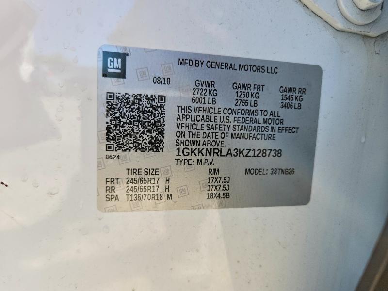 52458776 :رقم المزاد ، 1GKKNRLA3KZ128738 vin ، 2019 Gmc Acadia مزاد بيع