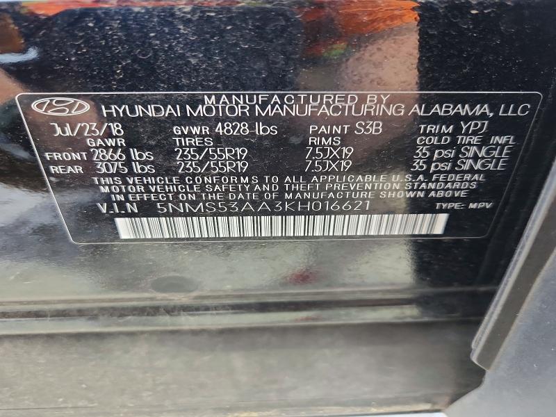 2019 Hyundai Santa Fe მანქანა იყიდება აუქციონზე, vin: 5NMS53AA3KH016621, აუქციონის ნომერი: 52840976