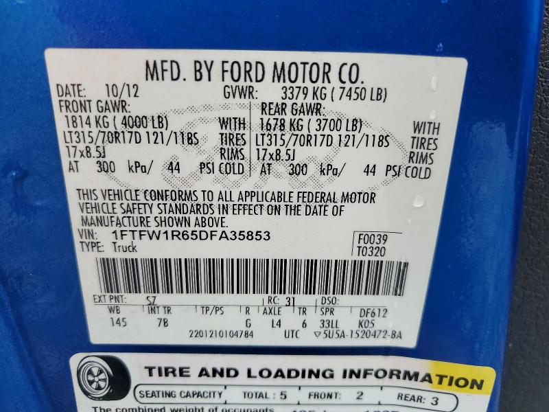 2013 Ford F150 მანქანა იყიდება აუქციონზე, vin: 1FTFW1R65DFA35853, აუქციონის ნომერი: 53136136