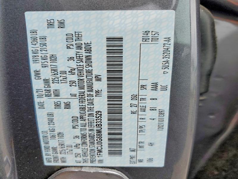 2021 Ford Escape მანქანა იყიდება აუქციონზე, vin: 1FMCU0G68MUB33529, აუქციონის ნომერი: 54698516