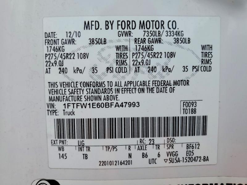2011 Ford F150 მანქანა იყიდება აუქციონზე, vin: 1FTFW1E60BFA47993, აუქციონის ნომერი: 54211436