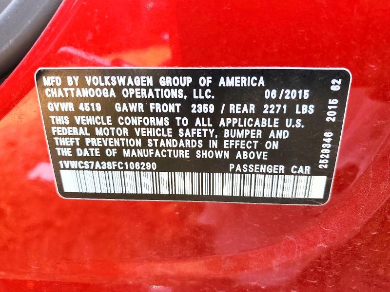 52127066 :رقم المزاد ، 1VWCS7A38FC106290 vin ، 2015 Volkswagen Passat مزاد بيع