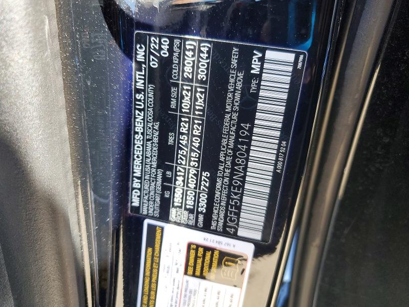 Aukcja sprzedaży 2022 Mercedes-benz Gls, vin: 4JGFF5KE9NA804194, numer aukcji: 53325956