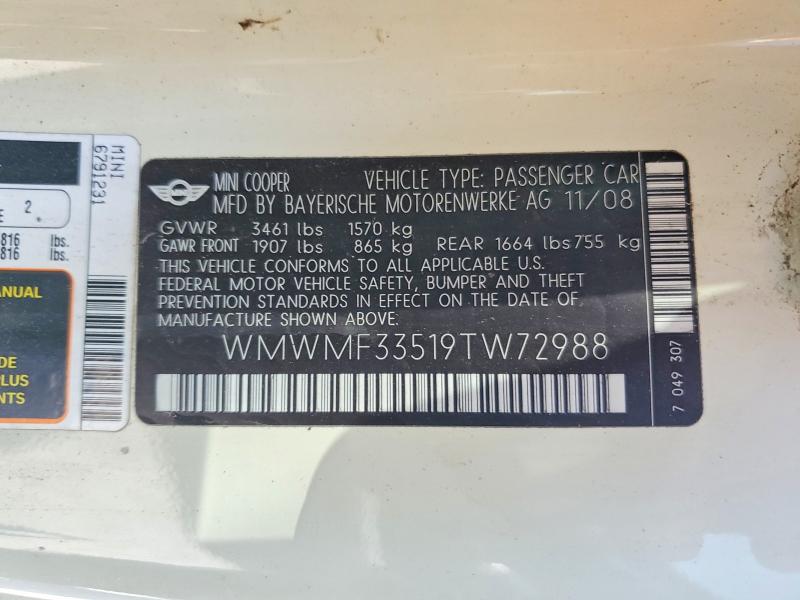 52867726 :رقم المزاد ، WMWMF33519TW72988 vin ، 2009 Mini Cooper مزاد بيع