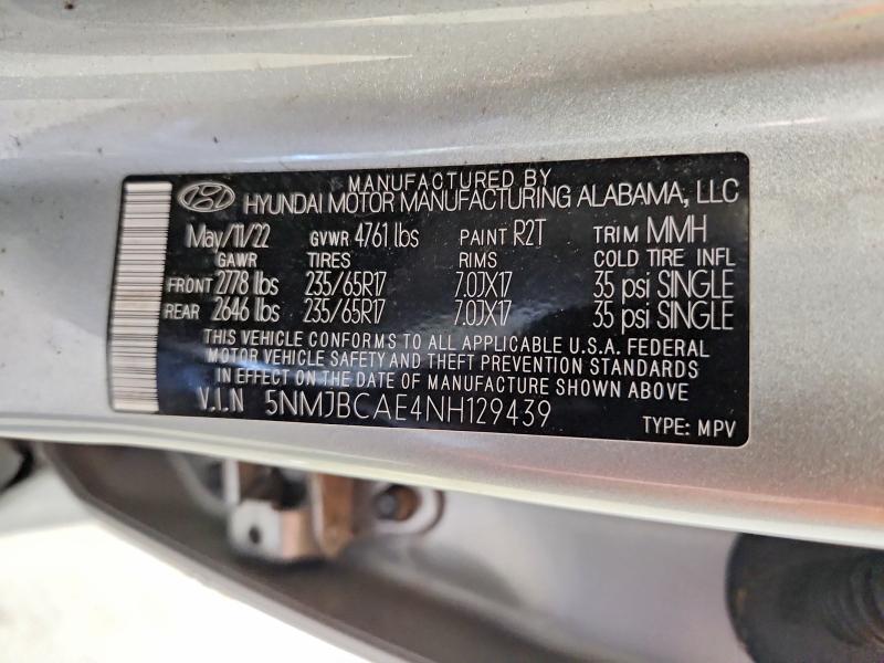 52907816 :رقم المزاد ، 5NMJBCAE4NH129439 vin ، 2022 Hyundai Tucson مزاد بيع