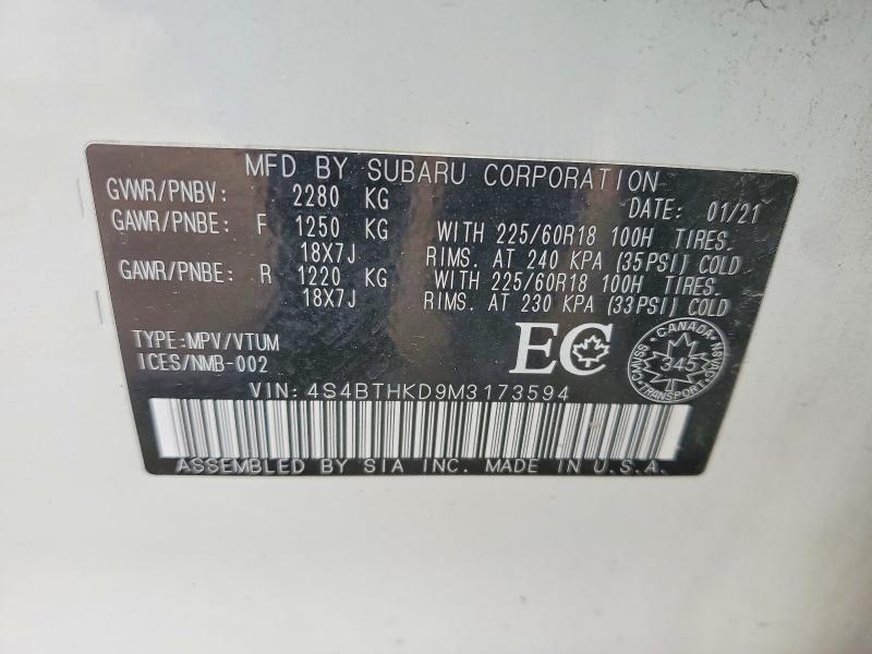 54107316 :رقم المزاد ، 4S4BTHKD9M3173594 vin ، 2021 Subaru Outback مزاد بيع