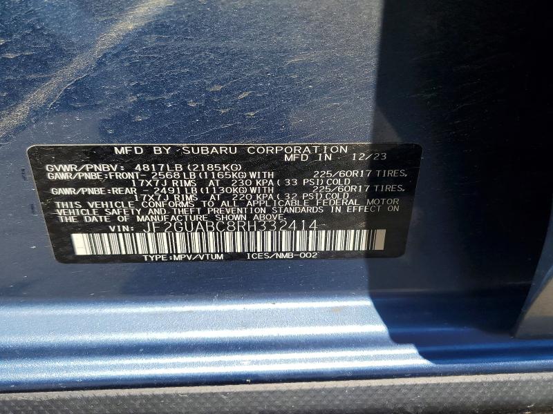 52249246 :رقم المزاد ، JF2GUABC8RH332414 vin ، 2024 Subaru Crosstrek مزاد بيع