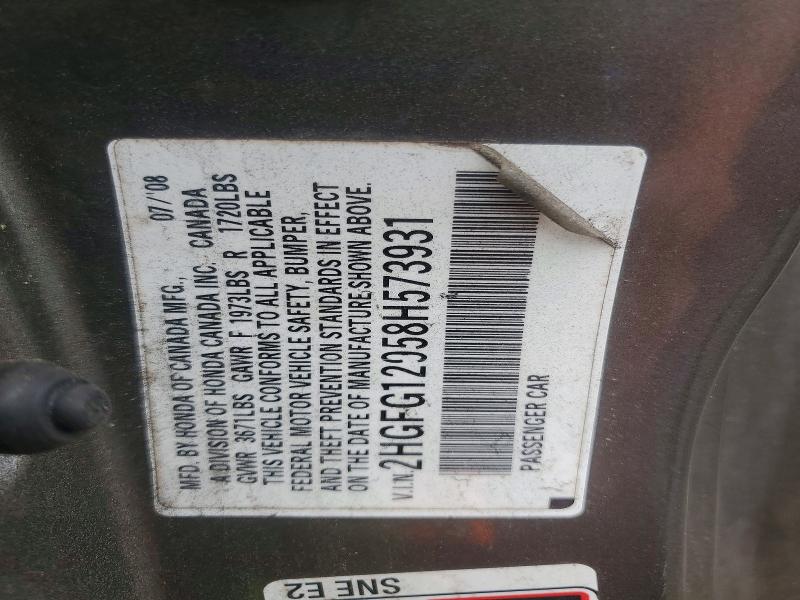 2008 Honda Civic მანქანა იყიდება აუქციონზე, vin: 2HGFG12958H573931, აუქციონის ნომერი: 54291406