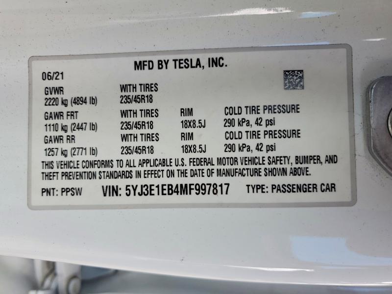 Продажа на аукционе авто 2021 Tesla Model 3, vin: 5YJ3E1EB4MF997817, номер лота: 51904276