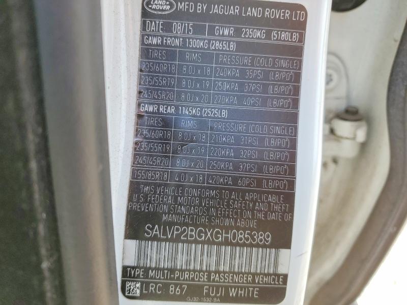 Продаж на аукціоні авто 2016 Land Rover Range Rover Evoque, vin: SALVP2BGXGH085389, номер лоту: 54957166