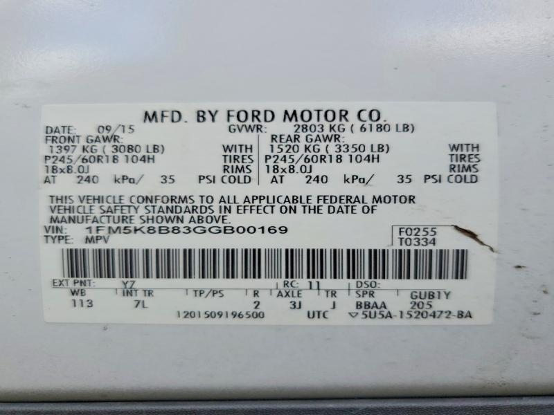 Aukcja sprzedaży 2016 Ford Explorer, vin: 1FM5K8B83GGB00169, numer aukcji: 55337356