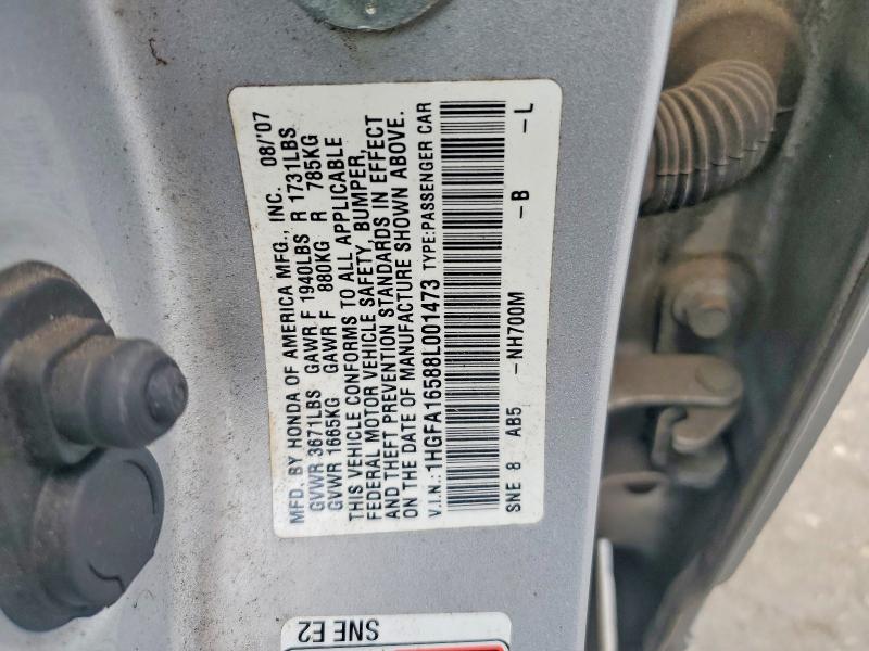 Aukcja sprzedaży 2008 Honda Civic, vin: 1HGFA16588L001473, numer aukcji: 52964976