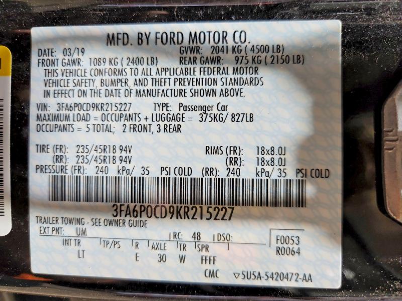 Aukcja sprzedaży 2019 Ford Fusion, vin: 3FA6P0CD9KR215227, numer aukcji: 51921566