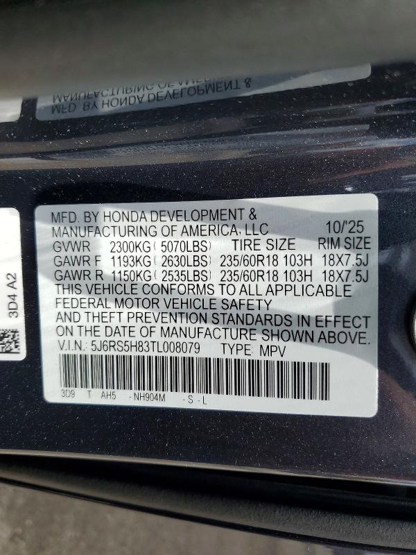 51555546 :رقم المزاد ، 5J6RS5H83TL008079 vin ، 2026 Honda Cr-v مزاد بيع