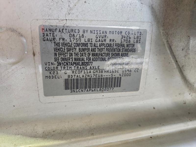 Auction sale of the 2019 Nissan Versa, vin: 3N1CN7AP6KL802077, lot number: 54817166