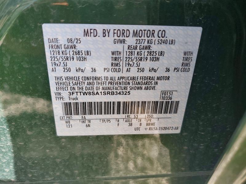 2025 Ford Maverick მანქანა იყიდება აუქციონზე, vin: 3FTTW8SA1SRB34325, აუქციონის ნომერი: 53568336