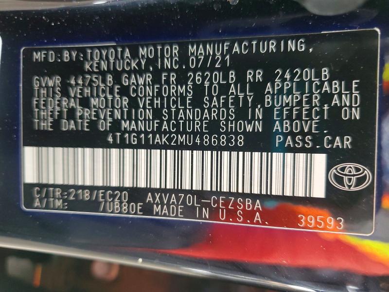 Продаж на аукціоні авто 2021 Toyota Camry, vin: 4T1G11AK2MU486838, номер лоту: 52938196