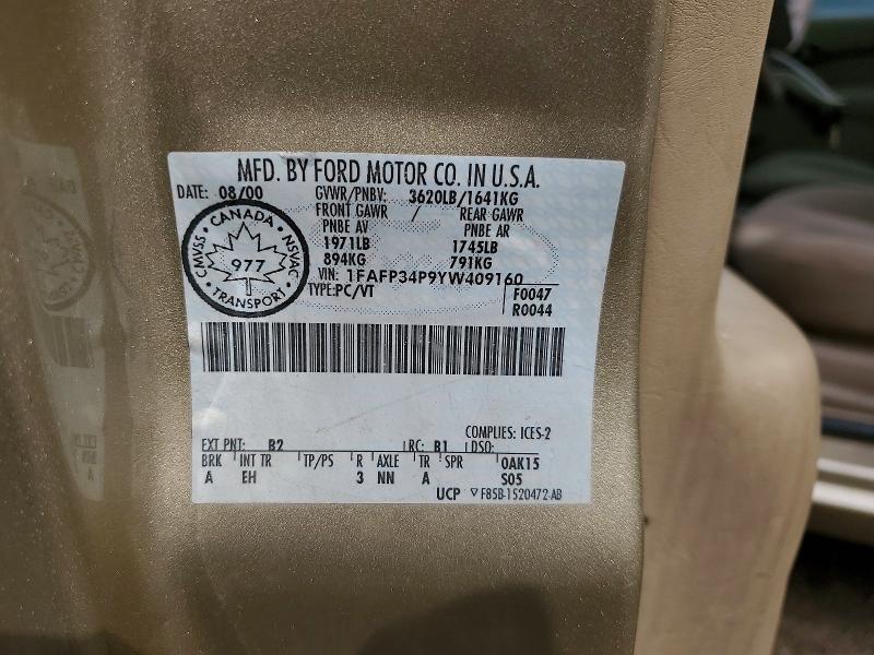 2000 Ford Focus მანქანა იყიდება აუქციონზე, vin: 1FAFP34P9YW409160, აუქციონის ნომერი: 54144076