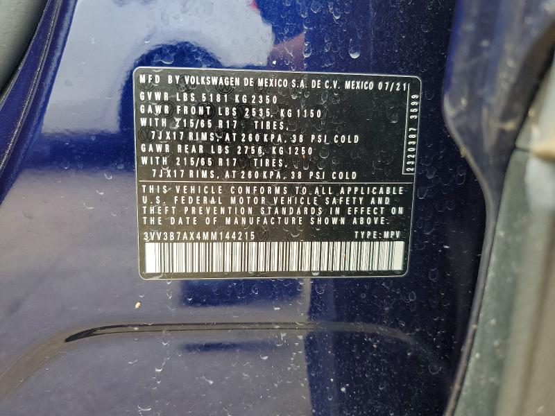 2021 Volkswagen Tiguan მანქანა იყიდება აუქციონზე, vin: 3VV3B7AX4MM144215, აუქციონის ნომერი: 52331006