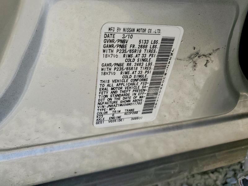 2010 Nissan Murano მანქანა იყიდება აუქციონზე, vin: JN8AZ1MU0AW011760, აუქციონის ნომერი: 54023816