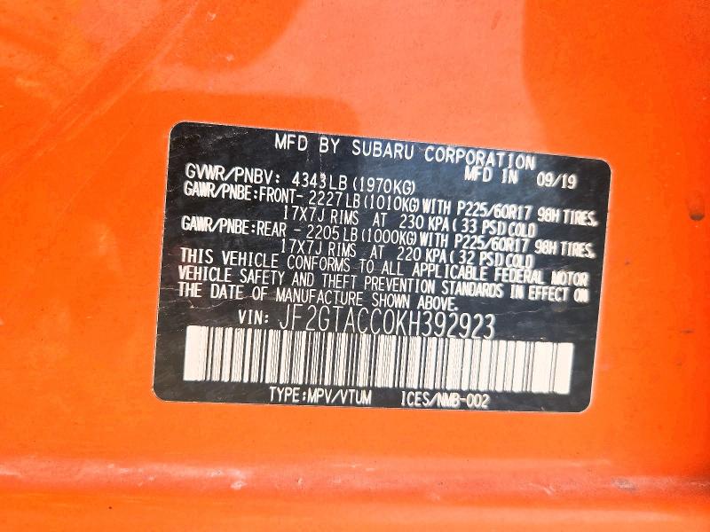 53091226 :رقم المزاد ، JF2GTACC0KH392923 vin ، 2019 Subaru Crosstrek مزاد بيع