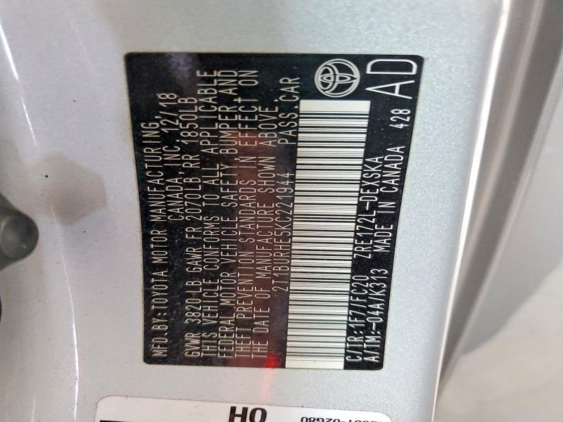 52192426 :رقم المزاد ، 2T1BURHE5KC221944 vin ، 2019 Toyota Corolla مزاد بيع