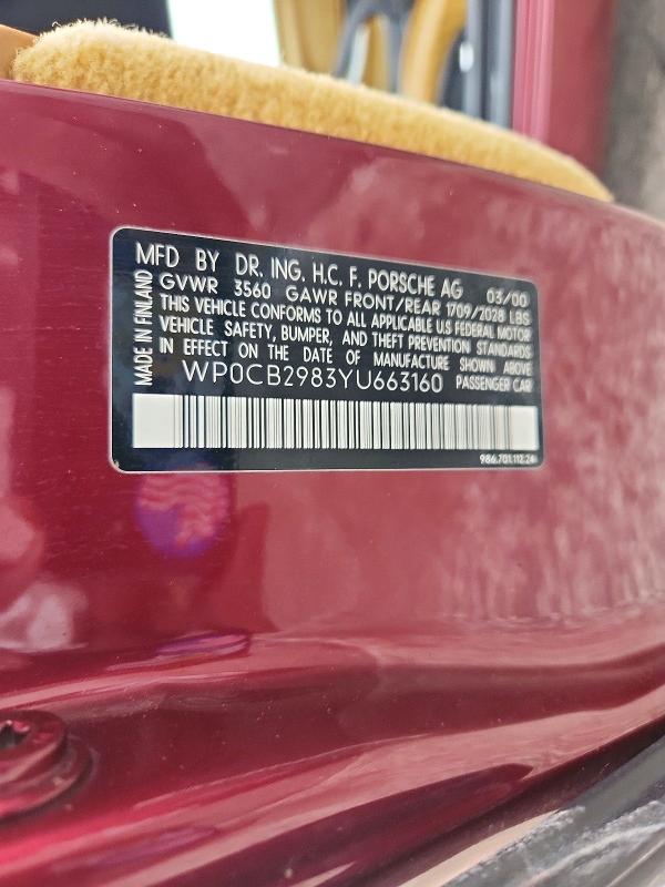 Продаж на аукціоні авто 2000 Porsche Boxster, vin: WP0CB2983YU663160, номер лоту: 53354276