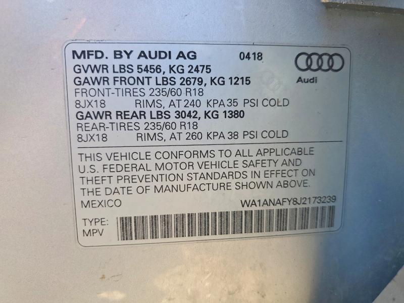 2018 Audi Q5 მანქანა იყიდება აუქციონზე, vin: WA1ANAFY8J2173239, აუქციონის ნომერი: 52087906
