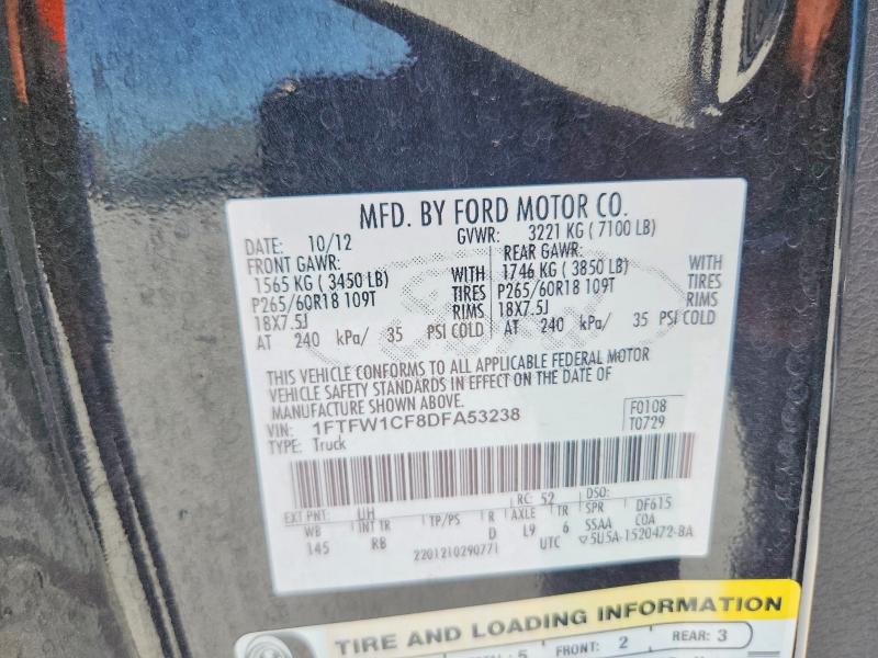 2013 Ford F150 მანქანა იყიდება აუქციონზე, vin: 1FTFW1CF8DFA53238, აუქციონის ნომერი: 53645466