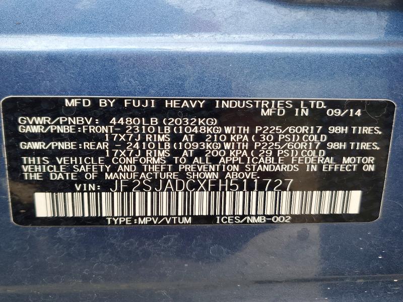 Aukcja sprzedaży 2015 Subaru Forester, vin: JF2SJADCXFH511727, numer aukcji: 53188456