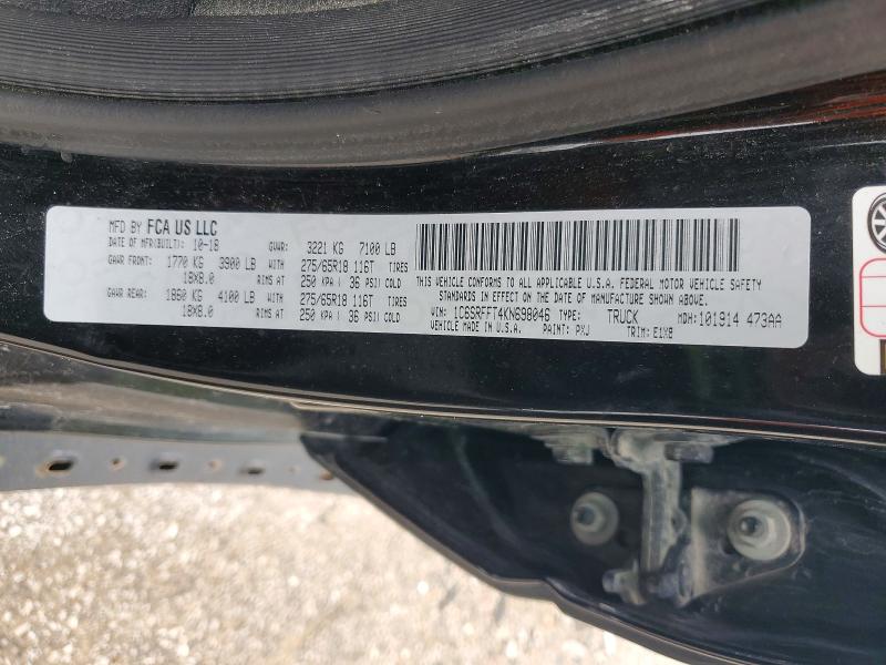 2019 Ram 1500 მანქანა იყიდება აუქციონზე, vin: 1C6SRFFT4KN698046, აუქციონის ნომერი: 53958296