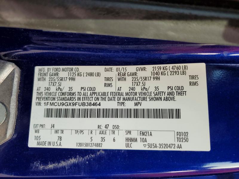 2015 Ford Escape მანქანა იყიდება აუქციონზე, vin: 1FMCU9GX9FUB38464, აუქციონის ნომერი: 53885396
