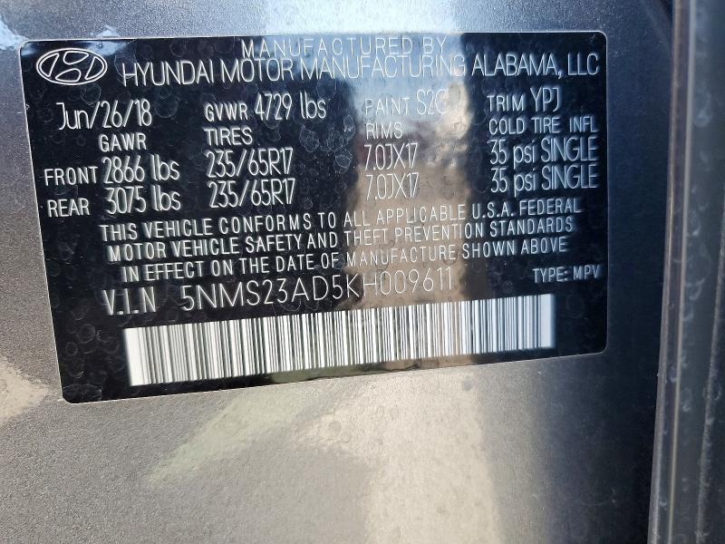 Aukcja sprzedaży 2019 Hyundai Santa Fe, vin: 5NMS23AD5KH009611, numer aukcji: 54135506