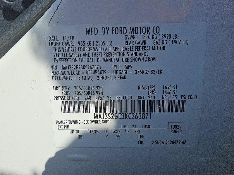 Aukcja sprzedaży 2019 Ford Ecosport, vin: MAJ3S2GE3KC263871, numer aukcji: 52397986