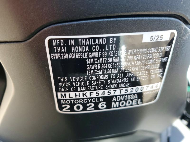 54615496 :رقم المزاد ، MLHKF5457T5200744 vin ، 2026 Honda Adv160 مزاد بيع