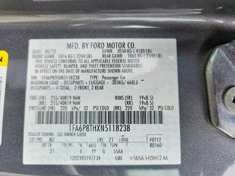 2022 Ford Mustang მანქანა იყიდება აუქციონზე, vin: 1FA6P8THXN5118238, აუქციონის ნომერი: 55452476