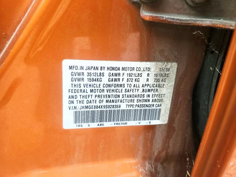 Aukcja sprzedaży 2009 Honda Fit, vin: JHMGE884X9S028359, numer aukcji: 54974006