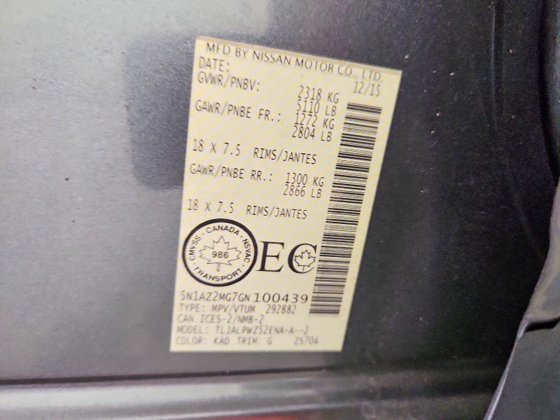 2016 Nissan Murano მანქანა იყიდება აუქციონზე, vin: 5N1AZ2MG7GN100439, აუქციონის ნომერი: 55721926