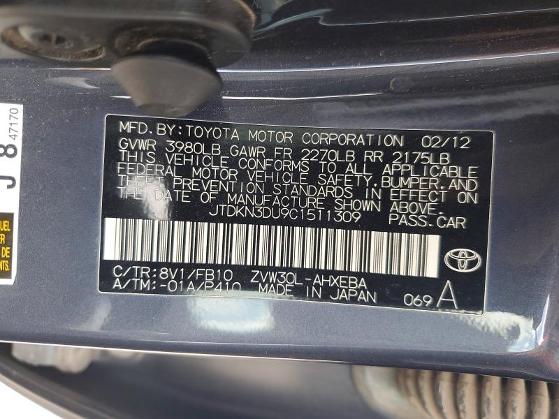2012 Toyota Prius მანქანა იყიდება აუქციონზე, vin: JTDKN3DU9C1511309, აუქციონის ნომერი: 53610596