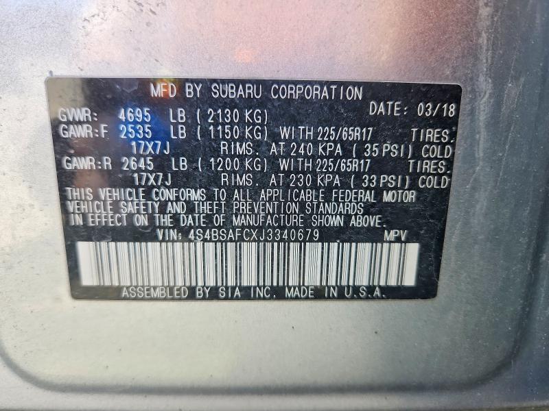 Aukcja sprzedaży 2018 Subaru Outback, vin: 4S4BSAFCXJ3340679, numer aukcji: 53039526