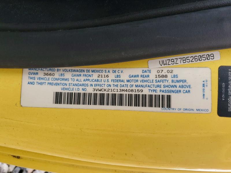 2003 Volkswagen New Beetle მანქანა იყიდება აუქციონზე, vin: 3VWCK21C13M408159, აუქციონის ნომერი: 52607336