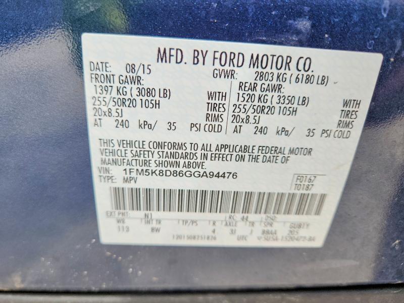 54665486 :رقم المزاد ، 1FM5K8D86GGA94476 vin ، 2016 Ford Explorer مزاد بيع